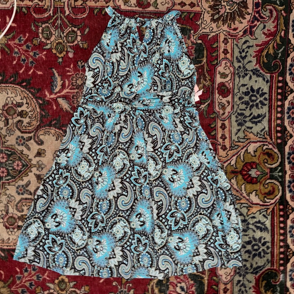 Dressbarn Paisley Halter Dress Womens 18W Blue Brown NWT Sleeveless Keyhole Boho